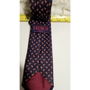 Vintage French Pure Silk Navy Paisley Tie - Classic Burgundy Gold Pattern